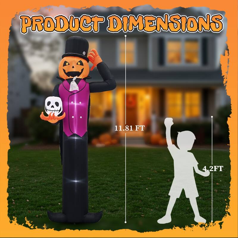 12 Feet Halloween Inflatable Pumpkin Man with Skull LED Lights for Outdoor or Indoor Decoration