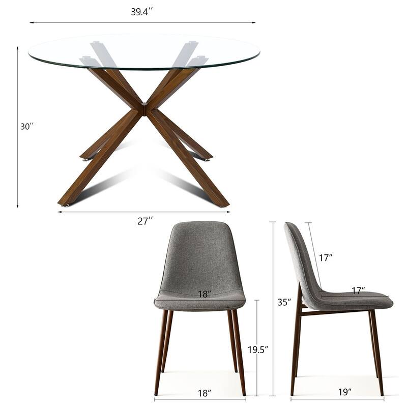 Modern Round Glass Table Set for 4 with Upholstered Dining Chairs