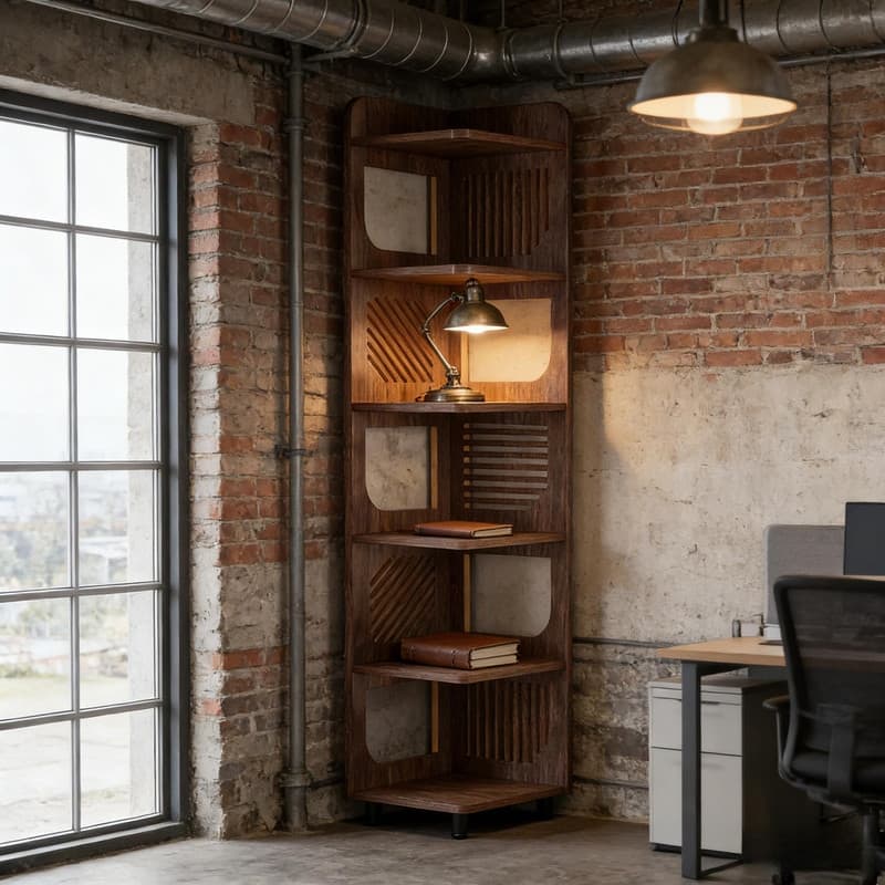 5-Tier Corner Bookshelf, Tall Brown Bookcase with Metal Legs, Right-Angle Space-Saving Storage Shelf