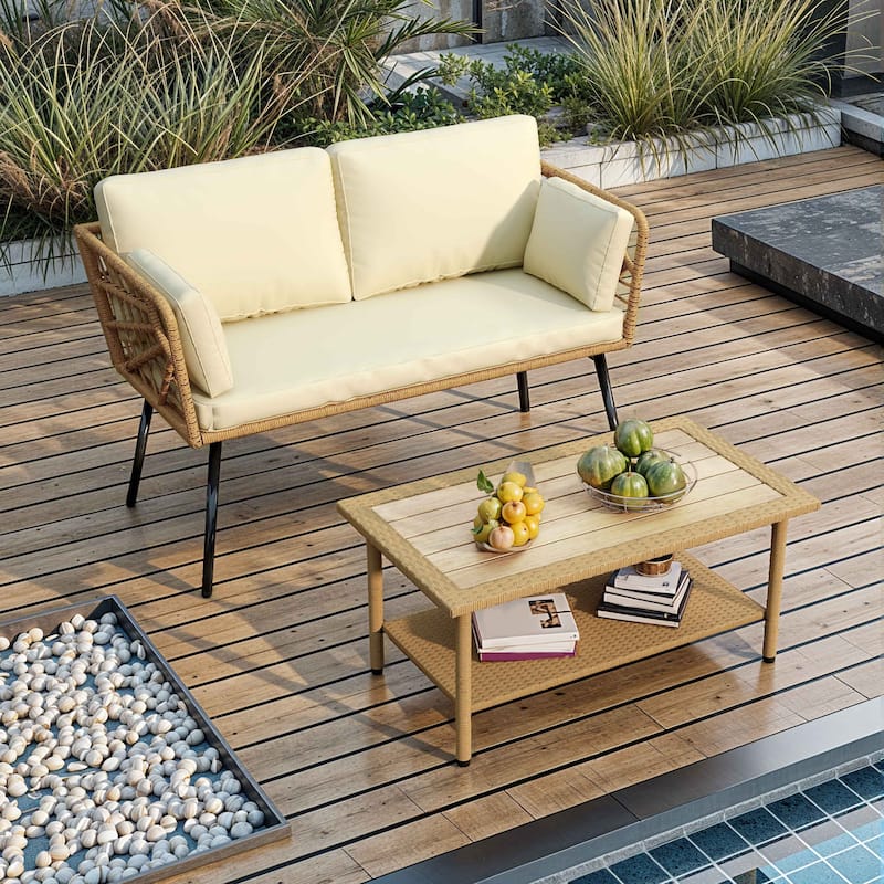 Moasis 2 Pieces Outdoor Wicker Bistro Patio Conversation Set with Loveseat and Side Table - Beige