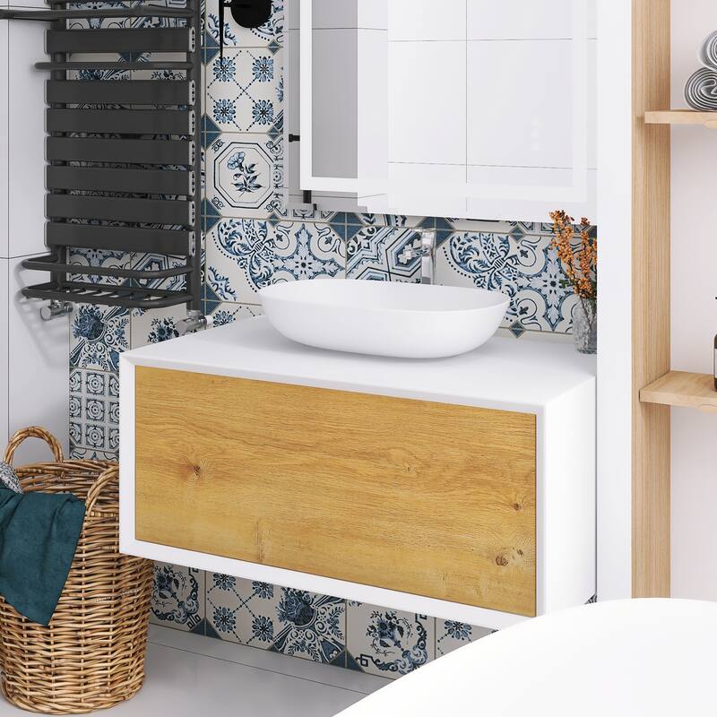 Floating Bathroom Vanity with Solid surface Top in F.OAK and Matte White