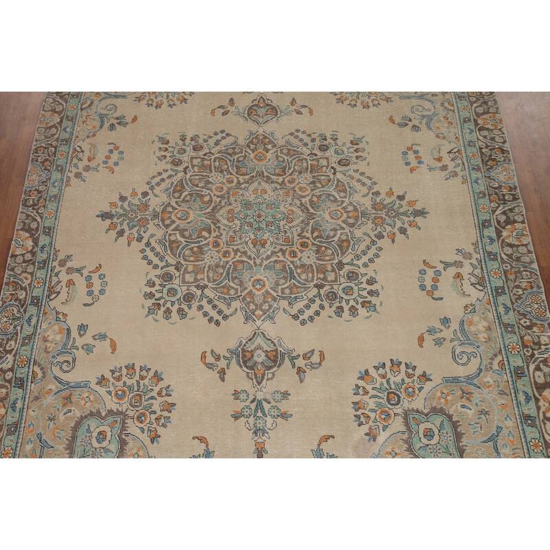 Hand Knotted Oriental 100% Wool Carpet Traditional Floral Beige & Ivories Tabriz Area Rug - 11' 6'' X 8' 7''