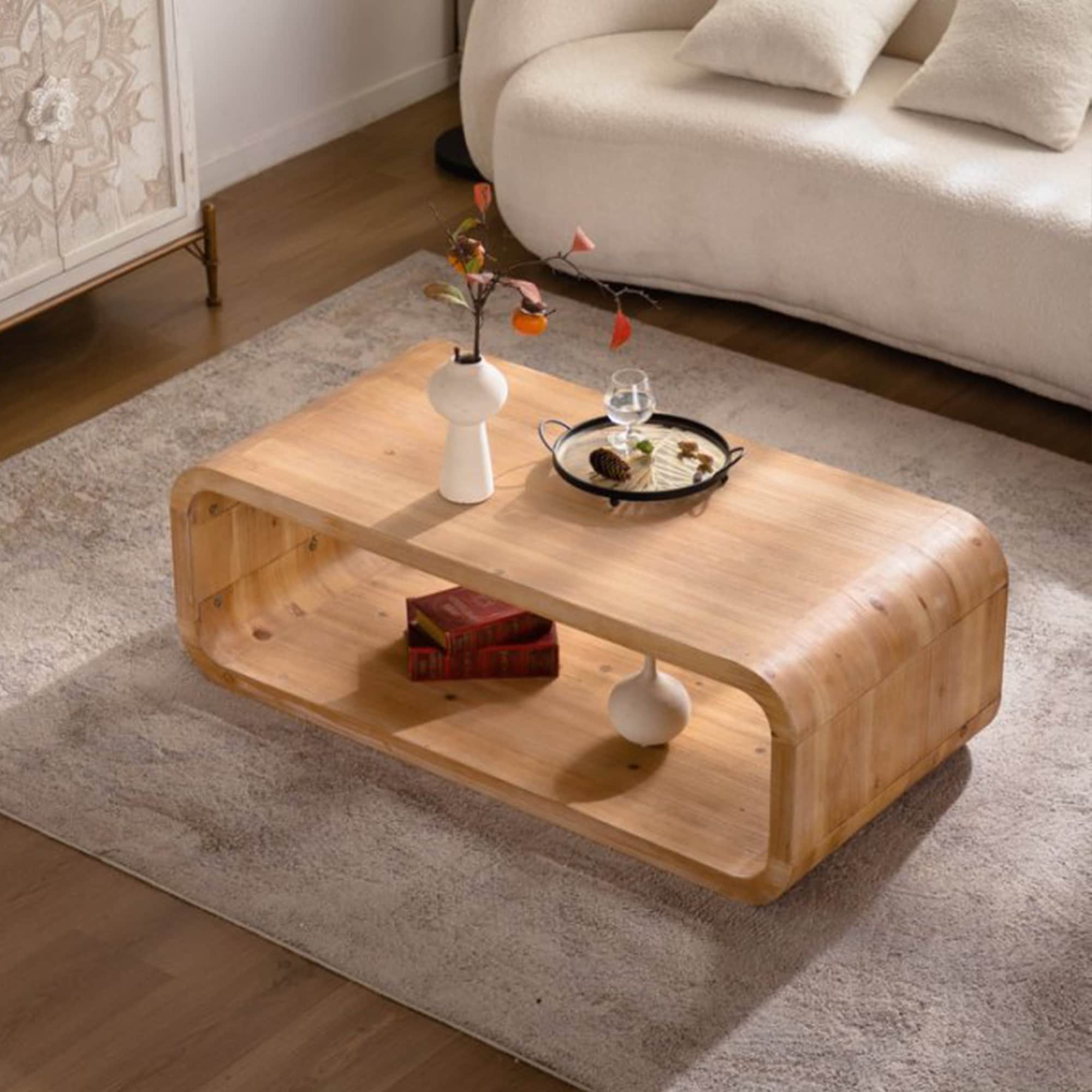 GDFStudio - Modern Curved Open-Frame Coffee Table with Light Wood Finish and Open Storage Shelf