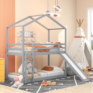 Twin Over Twin Bunk Bed with Roof, Slide & Ladder, Playhouse-Inspired Design, Safe & Fun, Multiple Installation Options, Grey