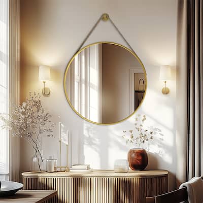Round Wall Hanging Bathroom Vanity Mirror with Leather Strap Black Aluminum Frame
