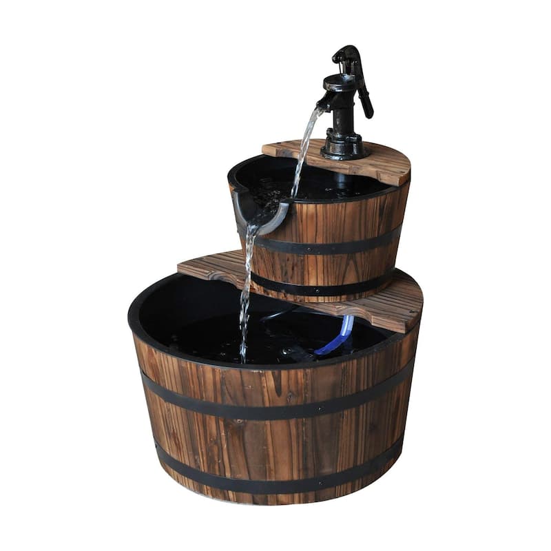 Outsunny Accent Two-Tier Rustic Wooden Barrel Fountain