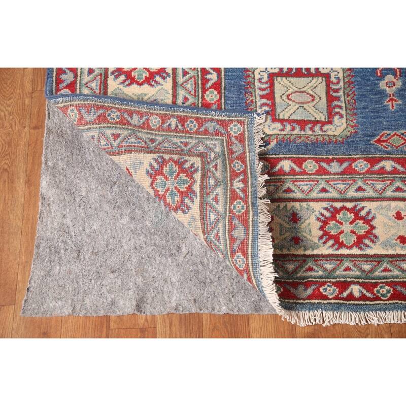 Geometric Kazak Area Rug Hand-Knotted Blue Wool Carpet - 6'7" x 9'8"