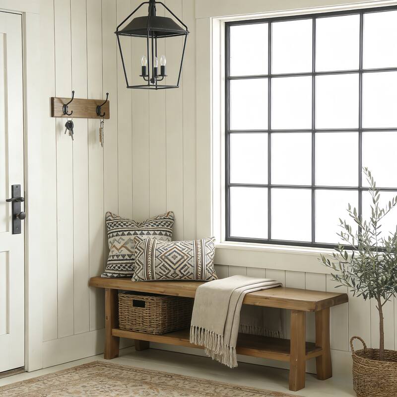 55" Solid Wood Entryway Bench with Storage Shelf