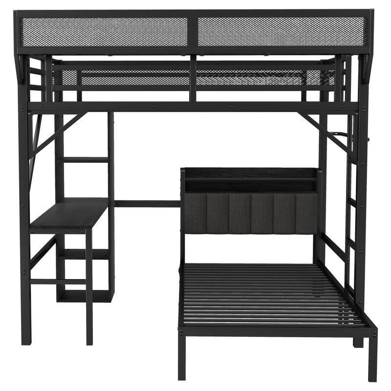 Full over Twin Metal Bunk Bed with Desk and Bookshelves, Detachable Metal Bunk Bed with LED and Charge Station Platform Bed