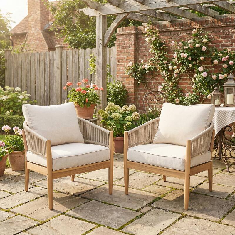 Roomfitters Verona Outdoor Acacia Wood Club Chairs with Rope Detail, Natural Finish and Beige Set of 2 - Set of 2