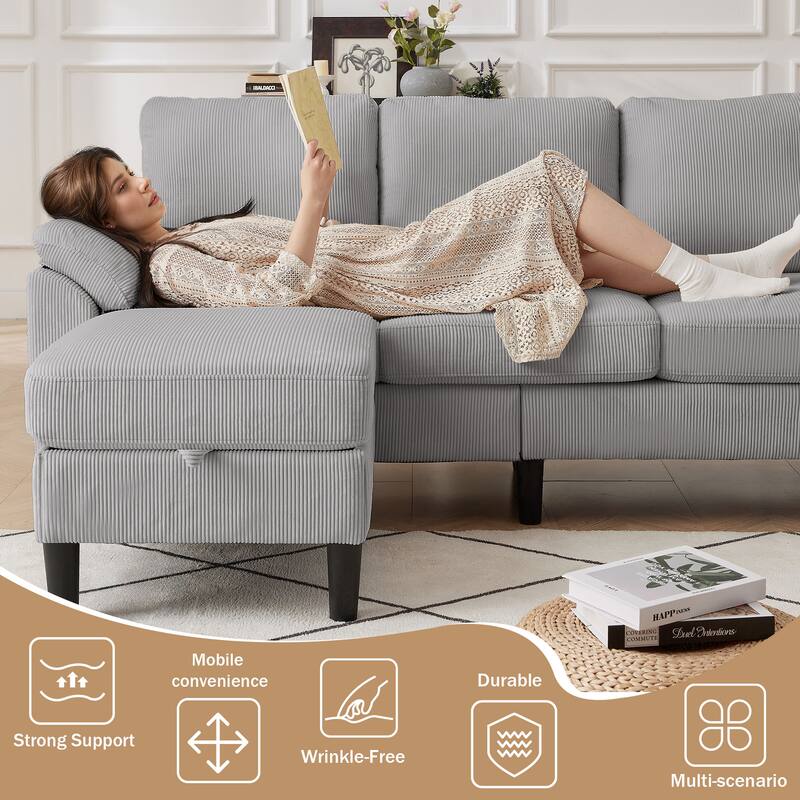 79.72" Corduroy 3 Pieces Living Room Sets Including Sectional Sofa with Storage Ottoman & Side Pockets & Armchair Set