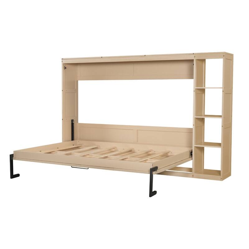Full Size Murphy Bed with Bookshelf, Foldable Bed Frame with Storage Shelves, Wooden Cabinet Bed with Handle