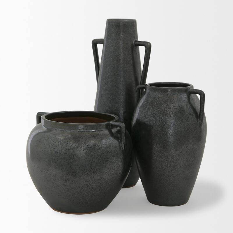 Kora Dark Gray And Brown Metallic Double Ear Vase (17") - 5.9L x 5.7W x 16.9H
