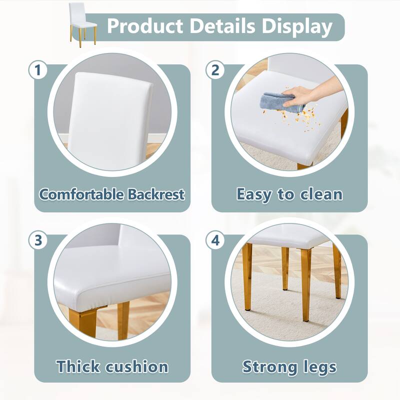 4 White PU dining chairs,Golden Metal Legs.Simple and versatile, comfortable and accompanied