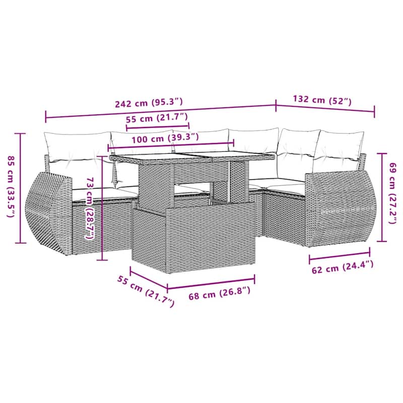 vidaXL Patio Sofa Set with Cushions Outdoor Furniture 6 Piece Poly Rattan - 21.7 x 39.4 x 28.7