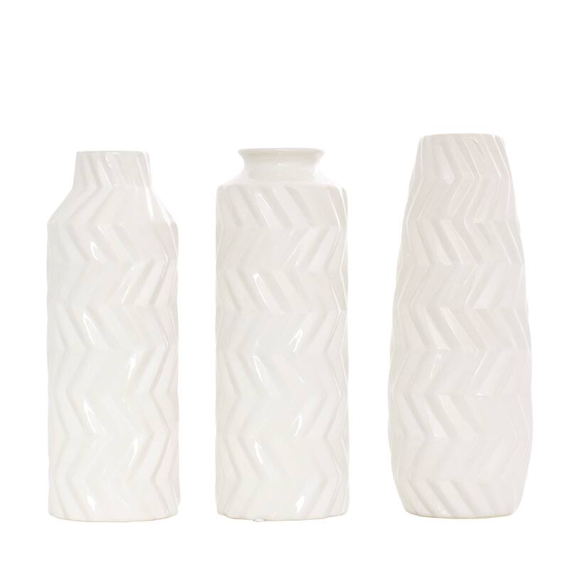White Ceramic Dimensional Chevron Textured Decorative Vase with Varying Shapes (Set of 3)