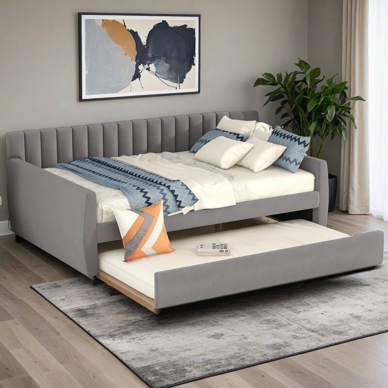 Full Size Upholstered daybed with Trundle and Wood Slat Support