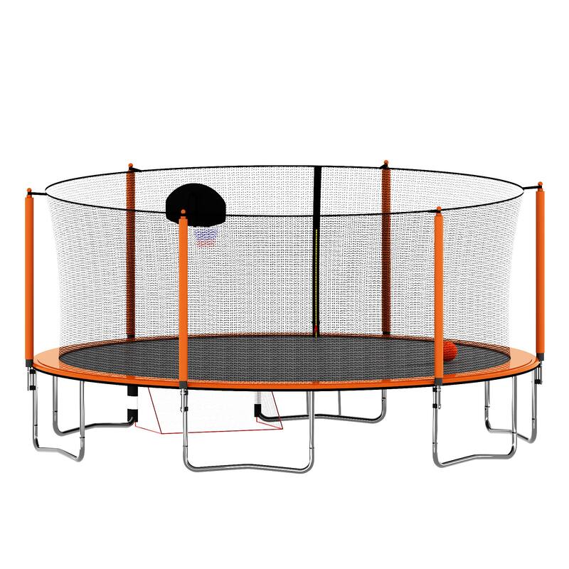16FT Trampoline with Basketball Hoop, Pump, Ladder, Soccer Goal & Inner Safety Enclosure - Orange