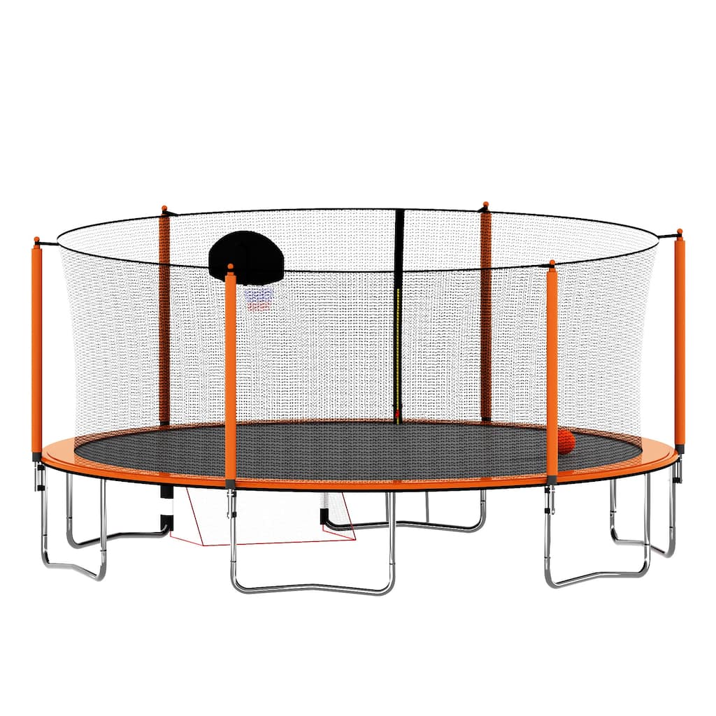 16FT Trampoline with Basketball Hoop, Pump, Ladder, Soccer Goal & Inner Safety Enclosure - Orange