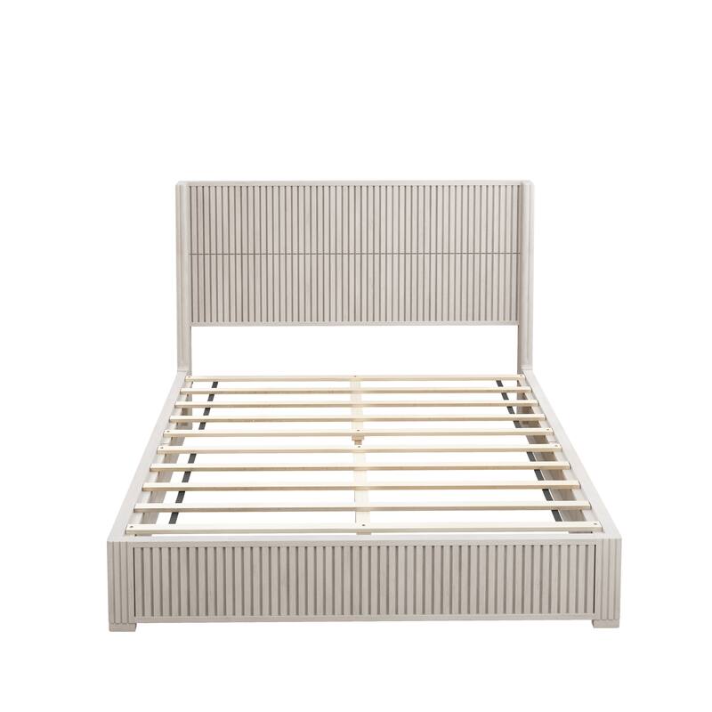 GDFStudio - Modern Solid Wood Low-Profile Platform Bed Frame with Fluted Headboard, Heavy-Duty Support & No Box Spring Needed