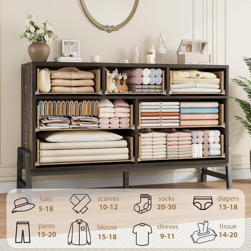Freestanding 7 Drawers Wide Dresser for Bedroom - Natural+Black