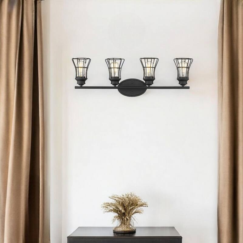 Modern 4-Light Vanity Wall Light in Matte Black with Metal Cage Shades and E26 Base Damp Rated - 9.25"H x 32.25"W x 6.25"D