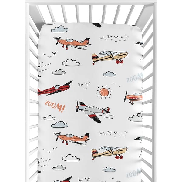 slide 2 of 6, Vintage Airplane Boy Fitted Crib Sheet - Grey Yellow Orange Red White and Blue Airplanes Air Plane Transportation Clouds Sun Sky