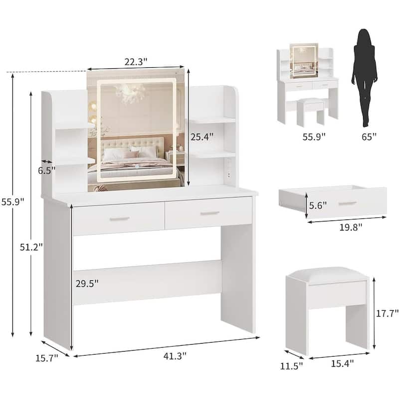 2 Drawers Dressing Table, Makeup Vanity Desk with Mirror and Lights for Bedroom