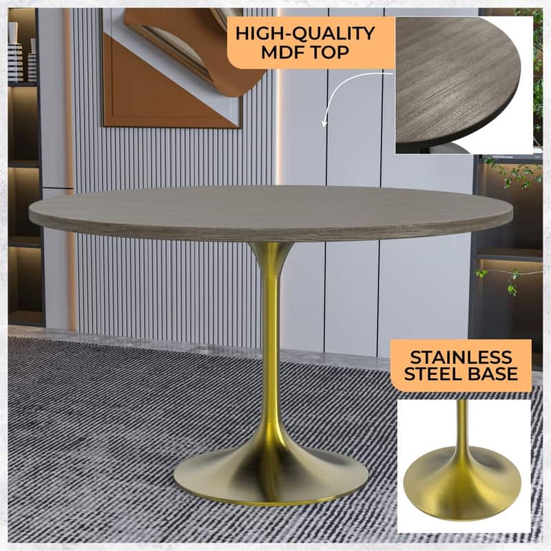 LeisureMod Verve 48" Round Dining Table with MDF Wood TableTop and Brushed Gold Base for Kitchen & Dining Room