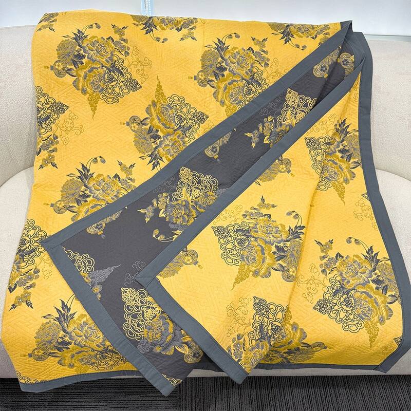 Floral Reverisible Cotton Throw Blanket Yellow & Gray - Queen - Yellow+Gray
