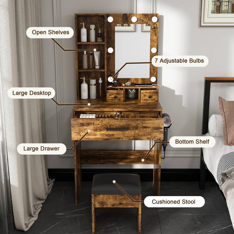 Compact Vanity Table Makeup Vanity Desk Set with Stool, Power Outlet & Hairdryer Holder - Vintage Brown