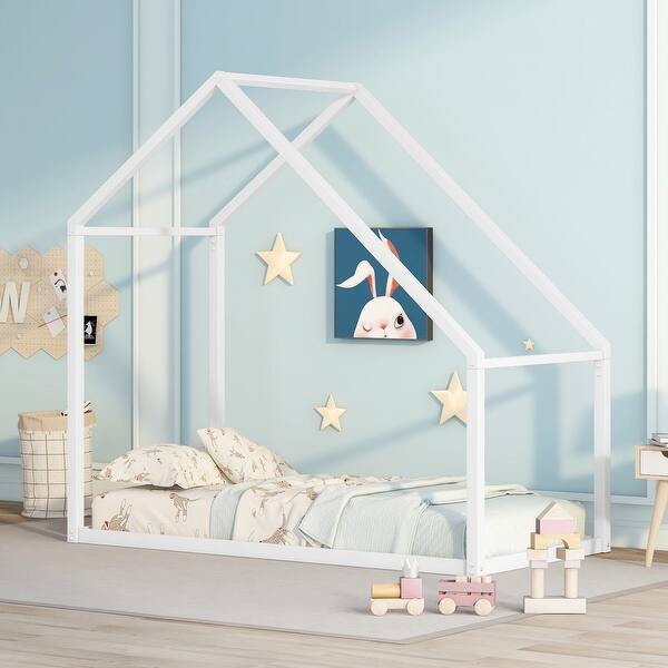 slide 2 of 8, Twin Size Metal House Bed Frame with Roof, Versatile and Open Design for Kids White