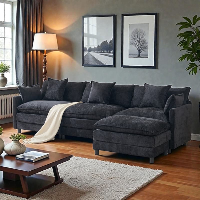 108 Inch L Shaped Modular Sectional Sofa, Chenille Cloud Couch with Ottoman, Deep Seat Modern Sofa