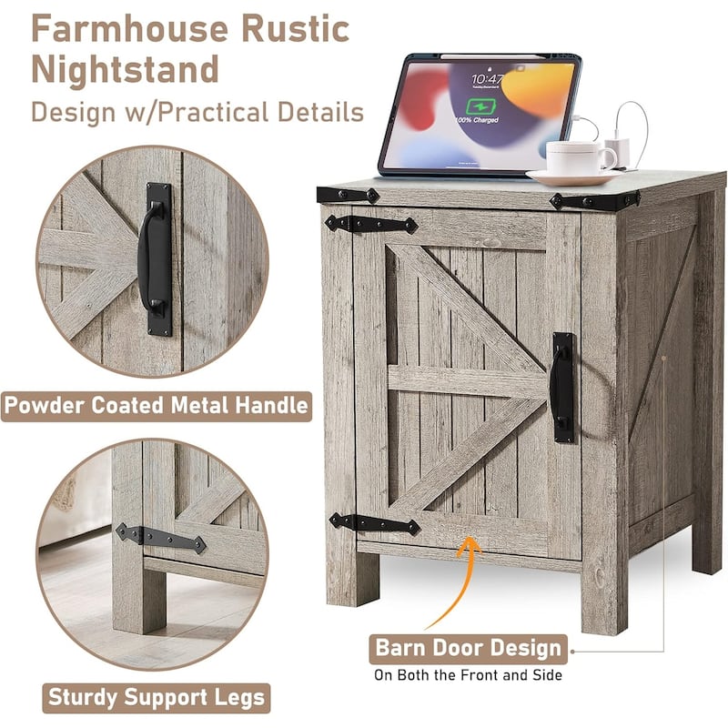 Farmhouse Nightstand Set of 2 with Charging Station, Rustic End Table
