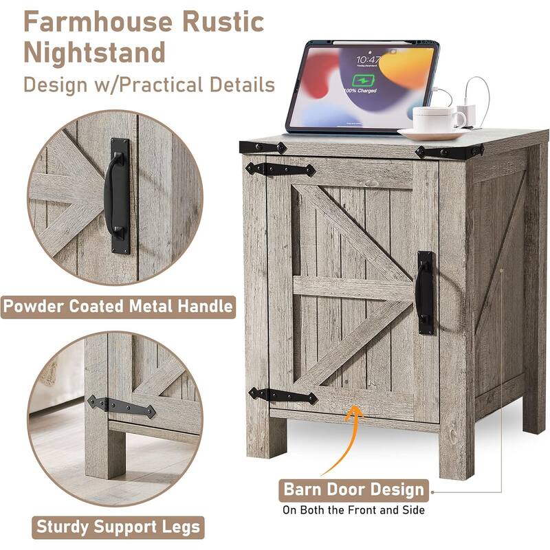 Farmhouse Nightstand with Charging Station, End Table with Barn Door