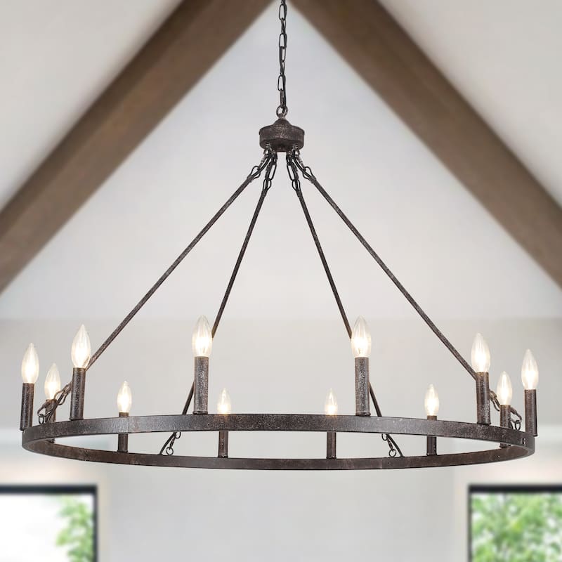 12-light Rustic Farmhouse Wagon Wheel Chandelier for Living Room - W37.99" x H90.55" - N/A - Antique Black