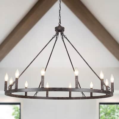 12-light Rustic Farmhouse Wagon Wheel Chandelier for Living Room - W37.99" x H90.55" - N/A