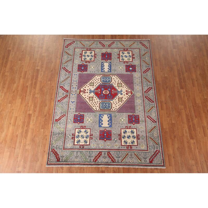 Geometric Gray Kazak Oriental Area Rug Handmade Wool Carpet - 6'4" x 9'0"
