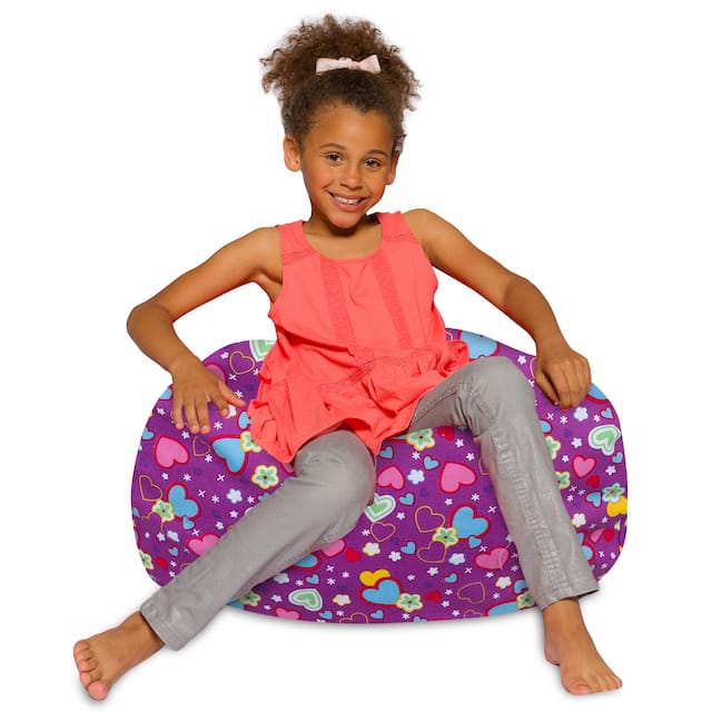 Kids Bean Bag Chair, Big Comfy Chair - Machine Washable Cover - 27 Inch Medium - Canvas Multi-Colored Hearts on Purple