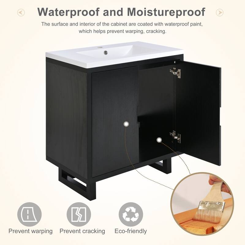 30 Inch MDF Freestanding Bathroom Vanity Set in Black with Integrated Resin Sink - 30" x 35" in.