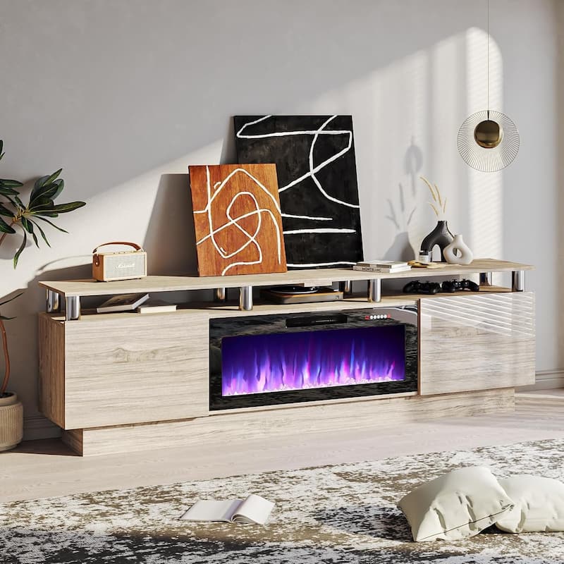 BOSSIN 80" TV Stand Entertainment Center with 36" Electric Fireplace, for TVs up to 90", High Gloss Cabinet with LED Light