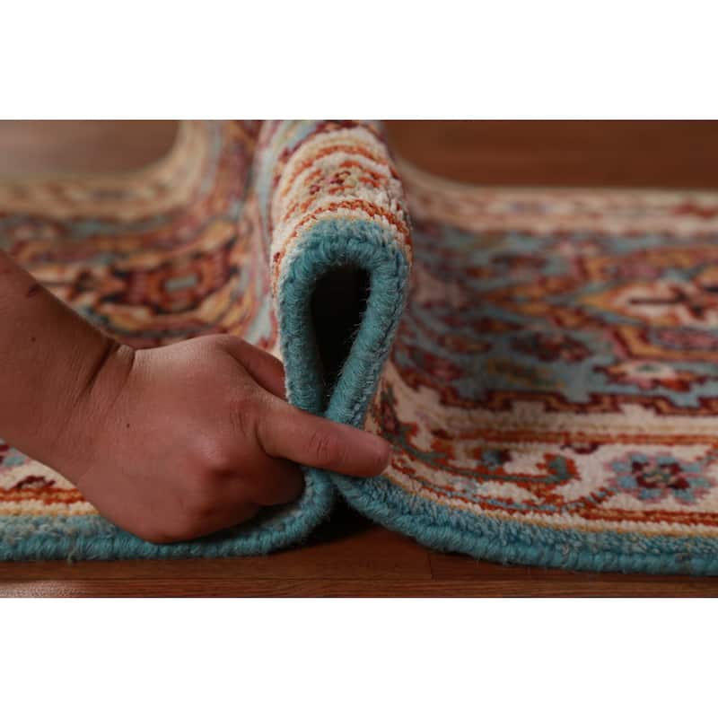Hand Knotted Oriental 100% Wool Carpet Traditional Geometric Navy Blue & Blues Heriz (serapi) Runner Rug - 8' 0'' X 2' 6''