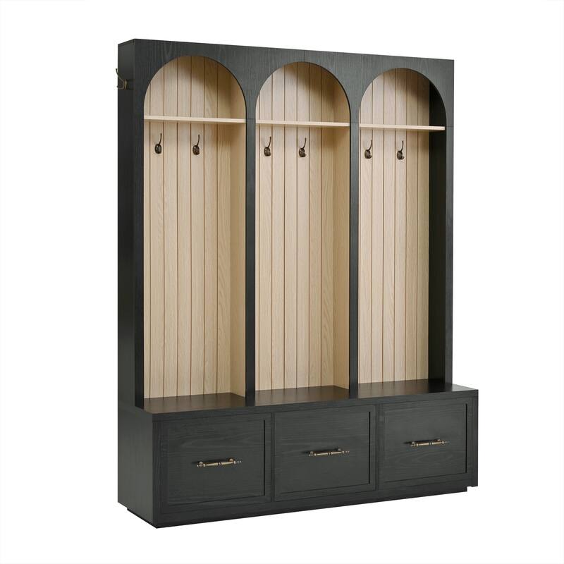 Farmhouse Hall Tree Bench with Arched Design, 8 Hooks & 3 Storage Drawers, 59" Wide Entryway Coat Rack
