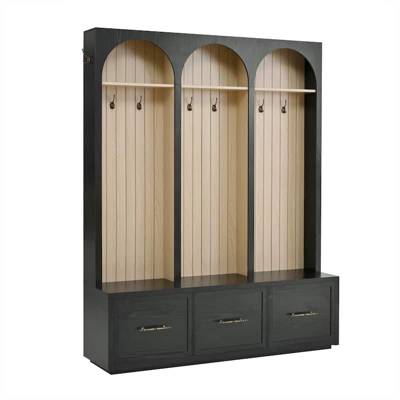 Hall Tree With Arched Design,Entryway Bench With 8 Retro Hooks,Rustic Coat Rack & Shoe Organizer With 3 Drawers