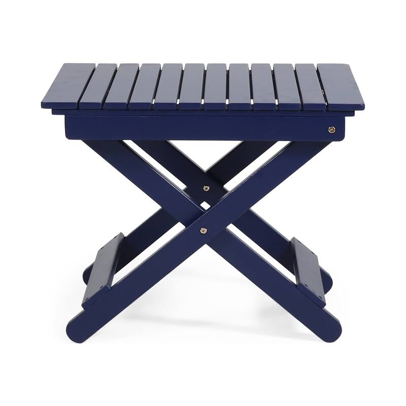 Kyre Outdoor Side Table, Foldable Slatted 23 Inch, Navy Blue Acacia Wood