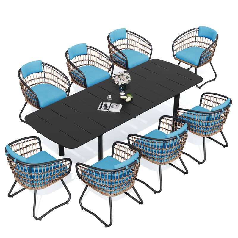 7/9PC Outdoor Aluminum Expandable Patio Dining Sets Extension Table with Rattan Chair