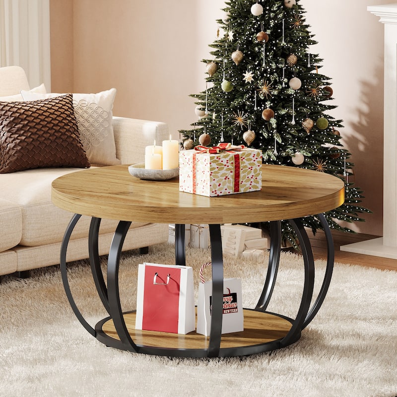 Round Coffee Table with 2-Tier Storage Shelves and Metal Frame