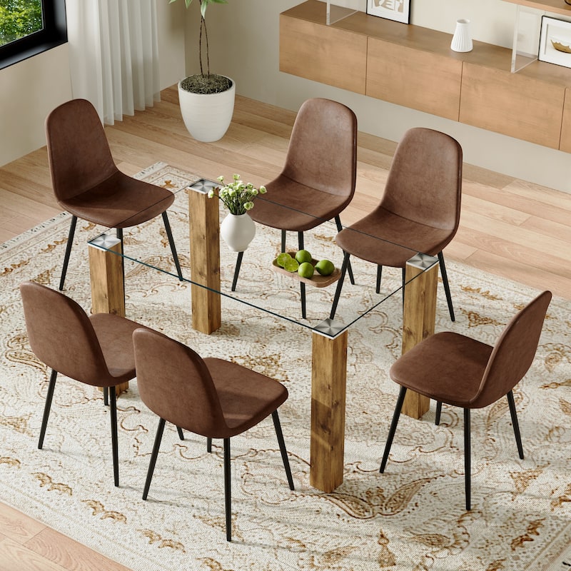 7-Piece Rectangular Dining Table Set, Modern 49.6" Glass Dining Table Set with 6 Fabric Armless Dining Chairs for Dining Room