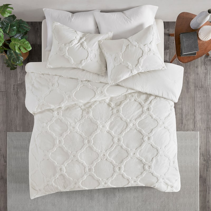 Madison Park Nollie Tufted Cotton Chenille Geometric Duvet Cover Set - Off White - Full - Queen