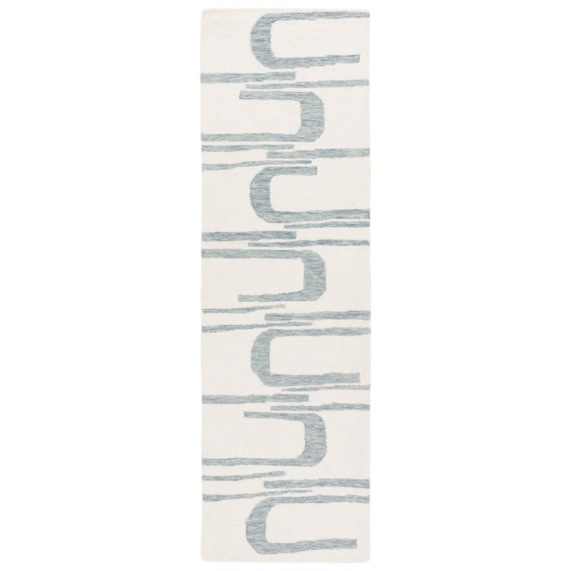 SAFAVIEH Handmade Ebony Gwynedd Mid-Century Modern Wool Rug - 2'3" x 8' Runner - Ivory/Blue